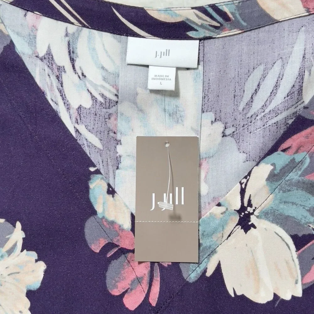 J Jill Vista Midi Dress Sz L Black Cherry Floral V-Neck Short Sleeve Pockets - Picture 5 of 10